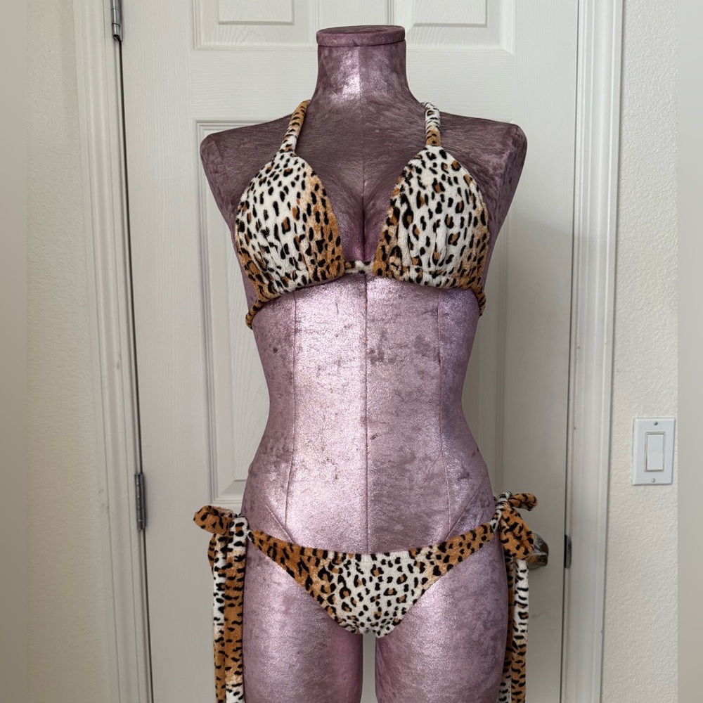 Custom fuzzy cheetah print two piece “bikini”
